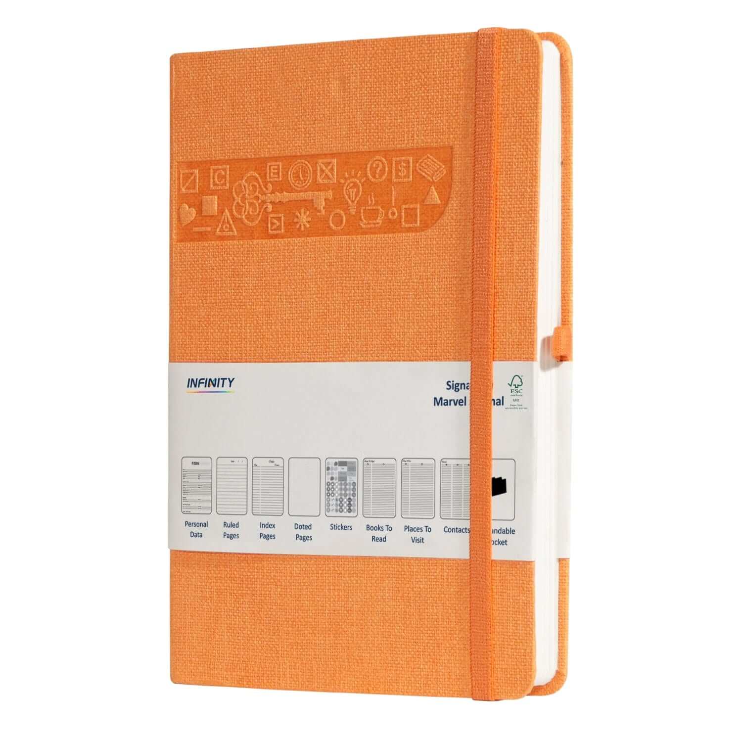 Orange Infinity FSC-certified journal with elastic closure and icons depicting various planning tools.
