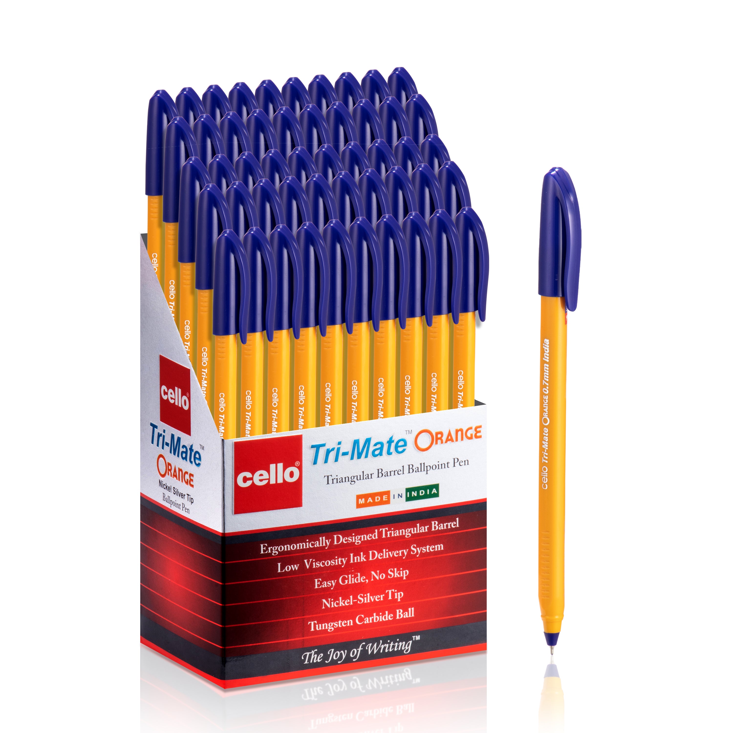 Cello Tri-Mate Orange Ballpoint Pens 0.7 mm, pack of 50, in box display showing sleek design and dependable writing performance