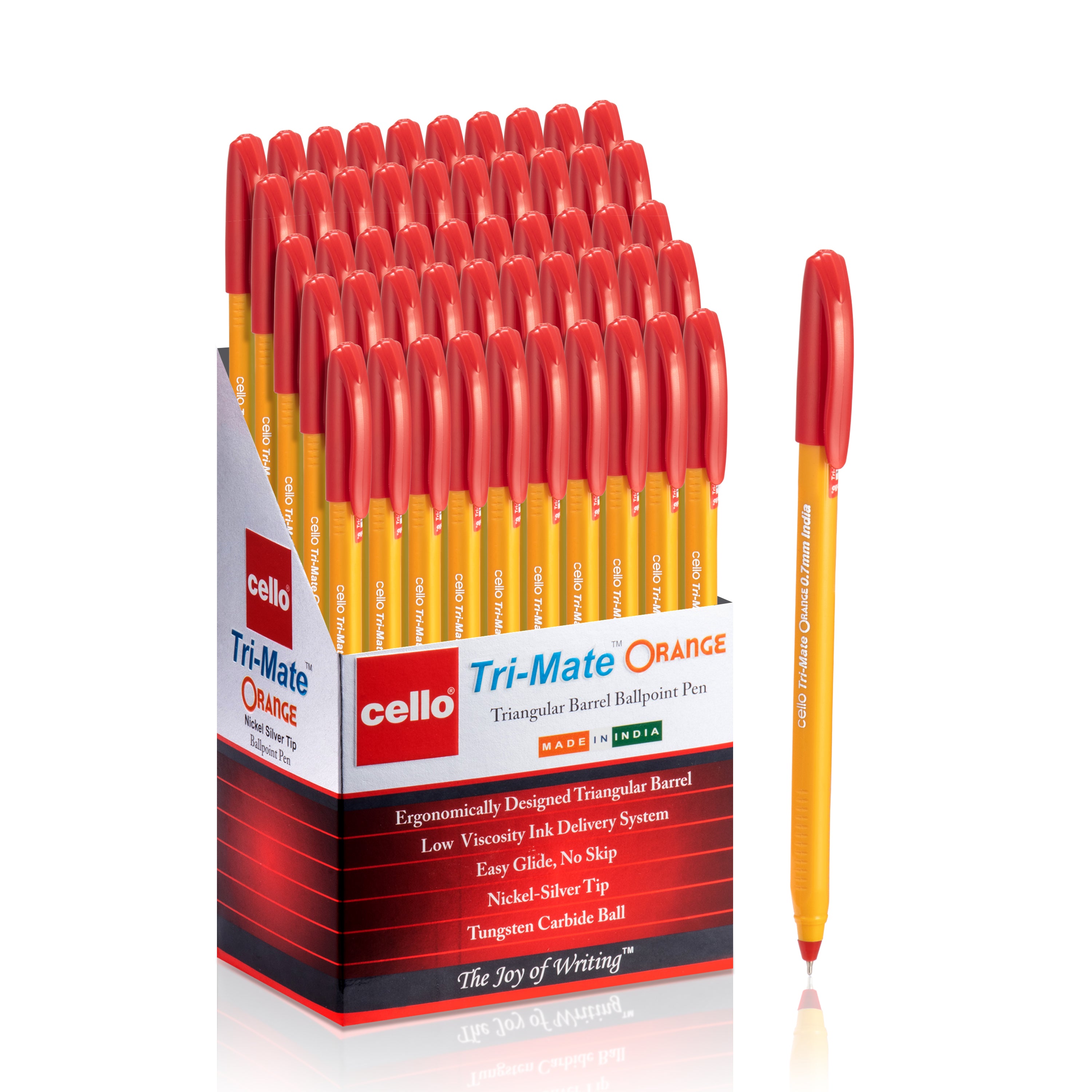 Pack of 50 Cello Tri-Mate Orange ballpoint pens with ergonomic triangular design and smooth 0.7 mm writing tip.