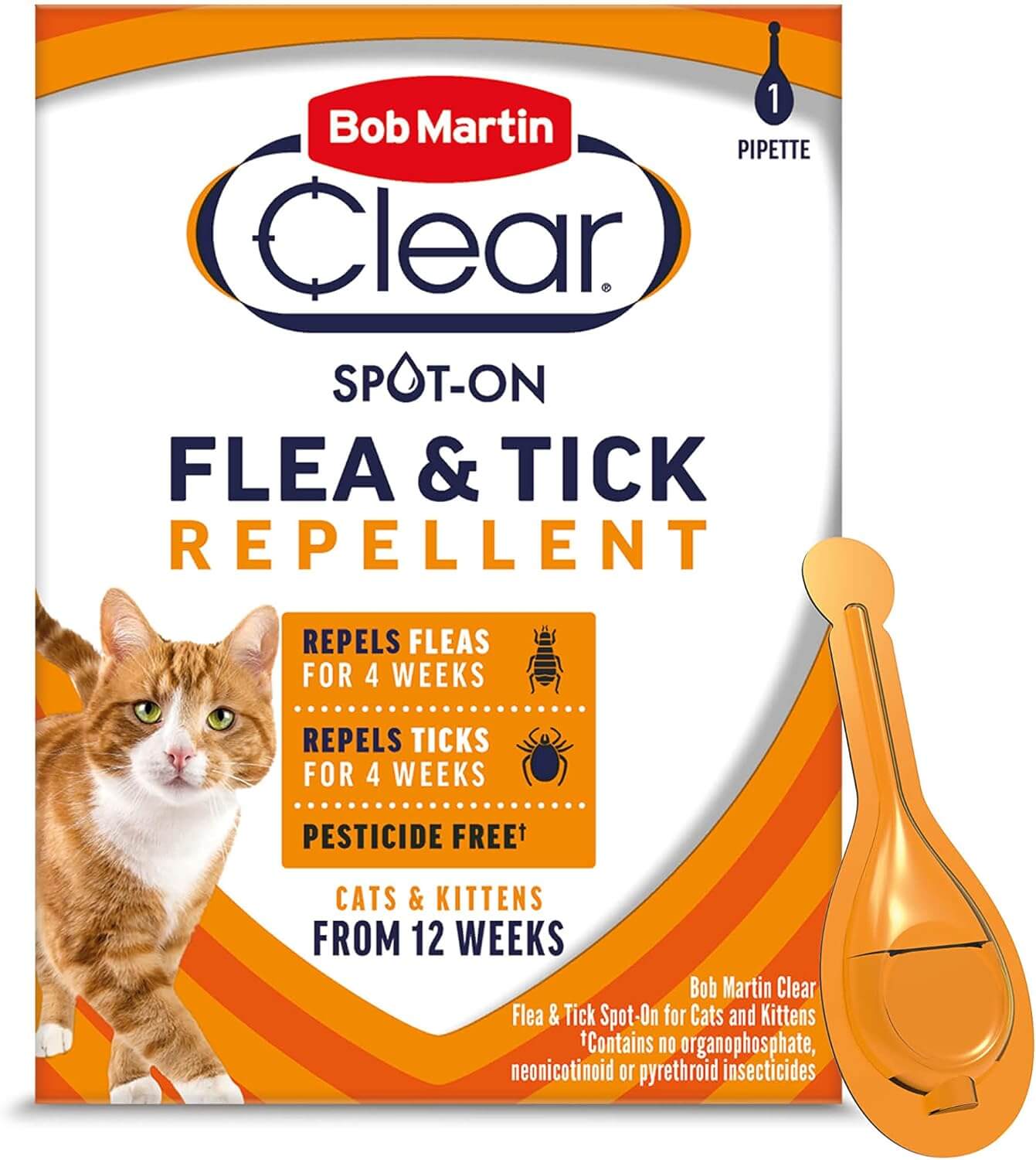 "Bob Martin Clear Spot On Flea and Tick Repellent for Cats and Kittens package, suitable from 12 weeks, with lavandin oil benefits."