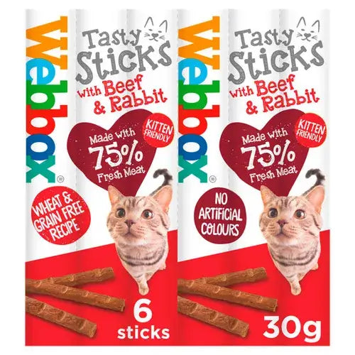 "Webbox Cats Delight Sticks Beef and Rabbit, 6-pack, kitten-friendly, wheat-free, 75% fresh meat, no artificial colors, 30g"