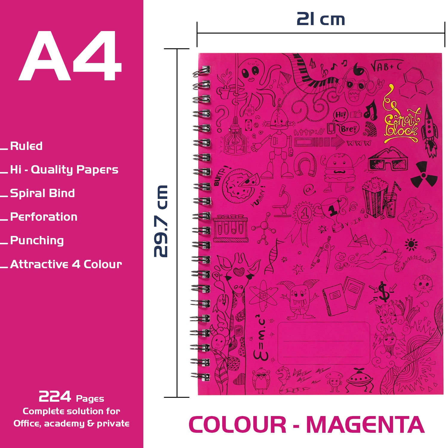 Smart Block Lined Spiral Journal Notebook, 224 Pages (Magenta)