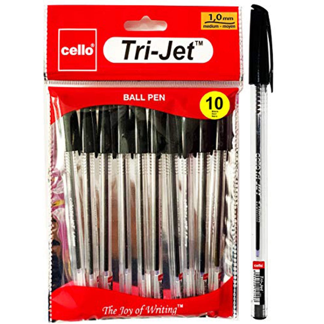 Cello Tri - Jet Ballpoint Pens Extra Grip Biros 1.0 mm, Black Pens, Pack Of 10 - Infinity Market