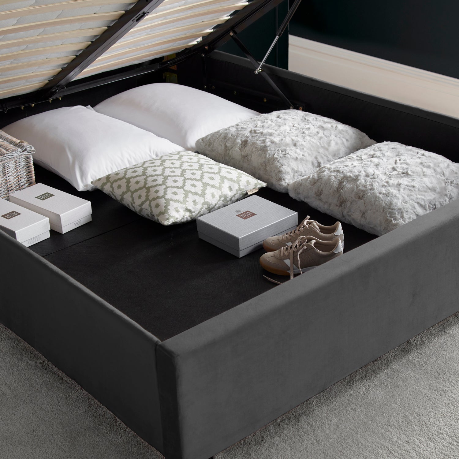 Aurora Grey Velvet Ottoman Bed