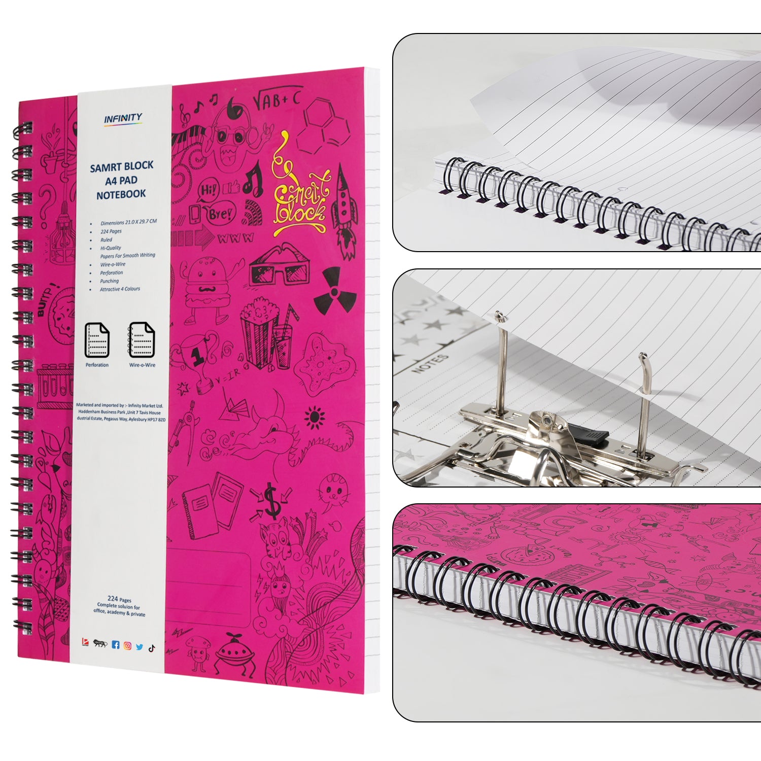Smart Block Lined Spiral Journal Notebook, 224 Pages (Magenta)