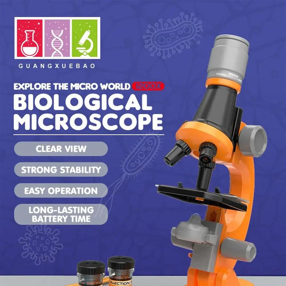 Mini Microscope Toy with CE, CCC, UL certifications for kids, promoting biology exploration with 1200x magnification.