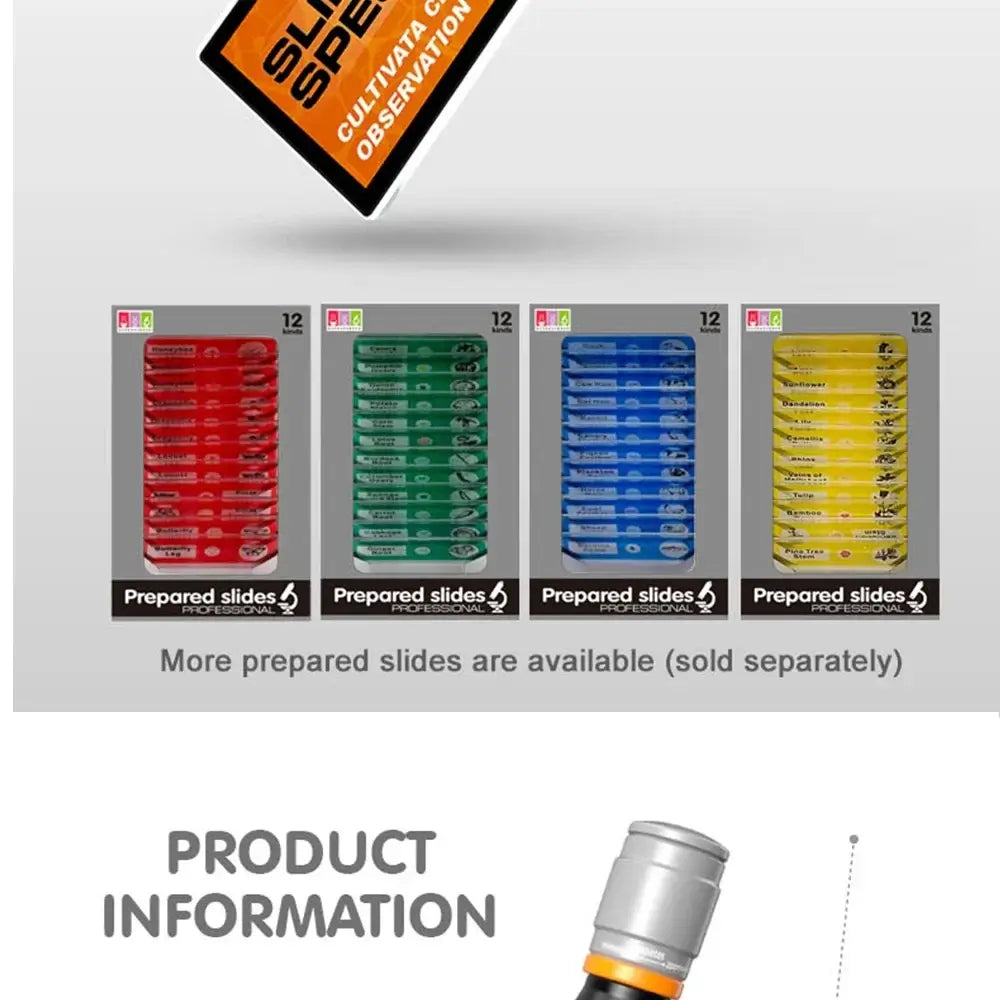 Prepared slides set for Mini Microscope Toy, available in red, green, blue, and yellow packs for educational exploration.
