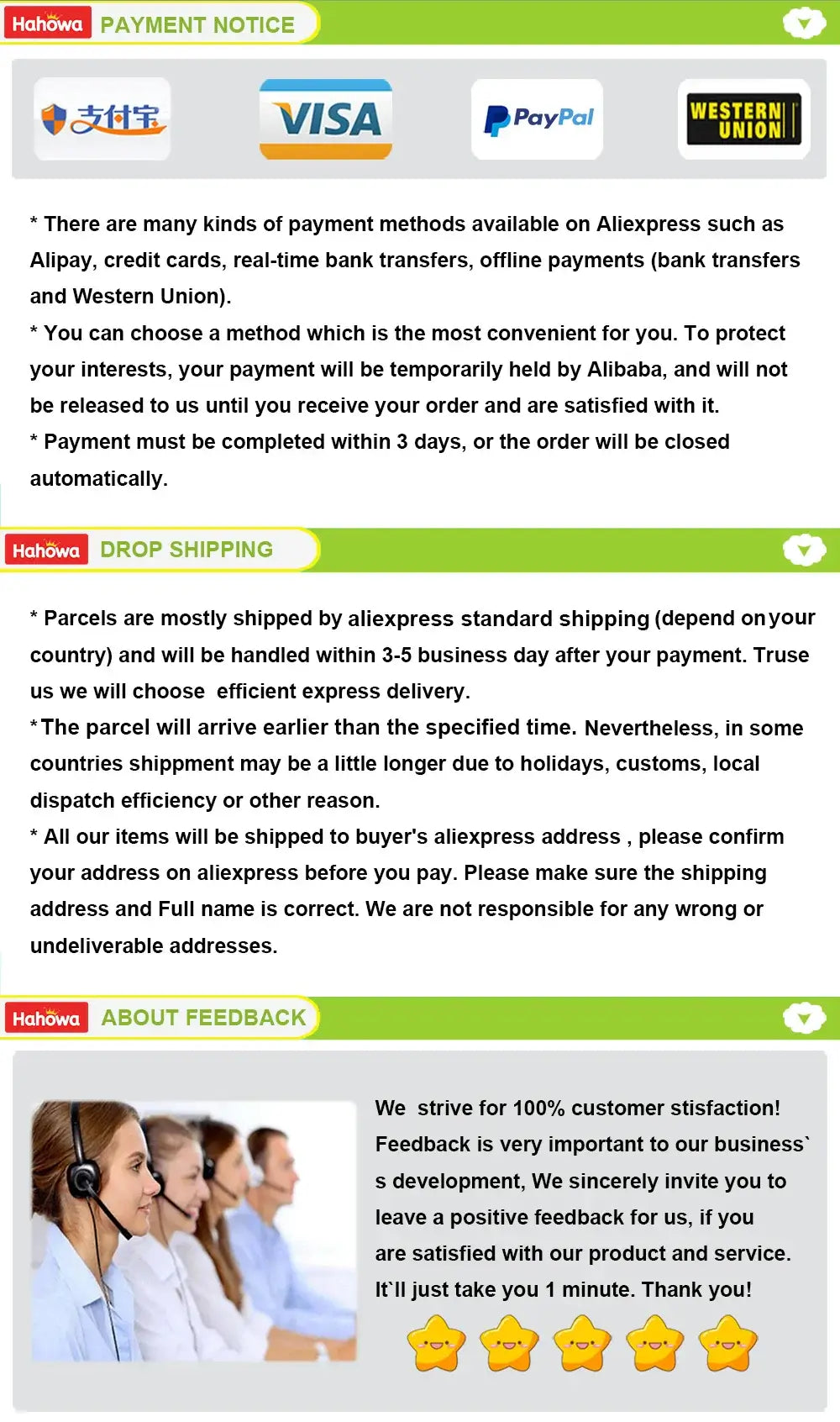 Payment options, drop shipping details, and customer feedback for online store.