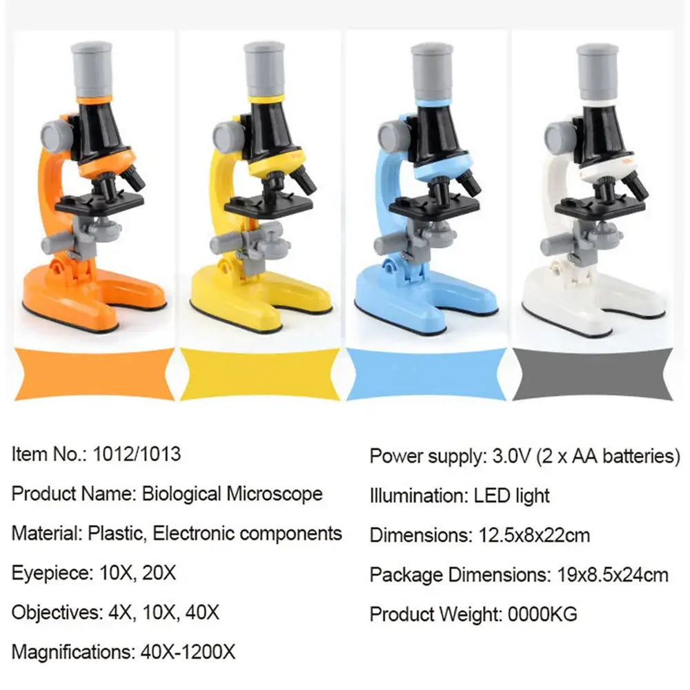 "Mini Microscope Toy in four colors with details on materials, magnification, and dimensions, ideal for educational exploration."