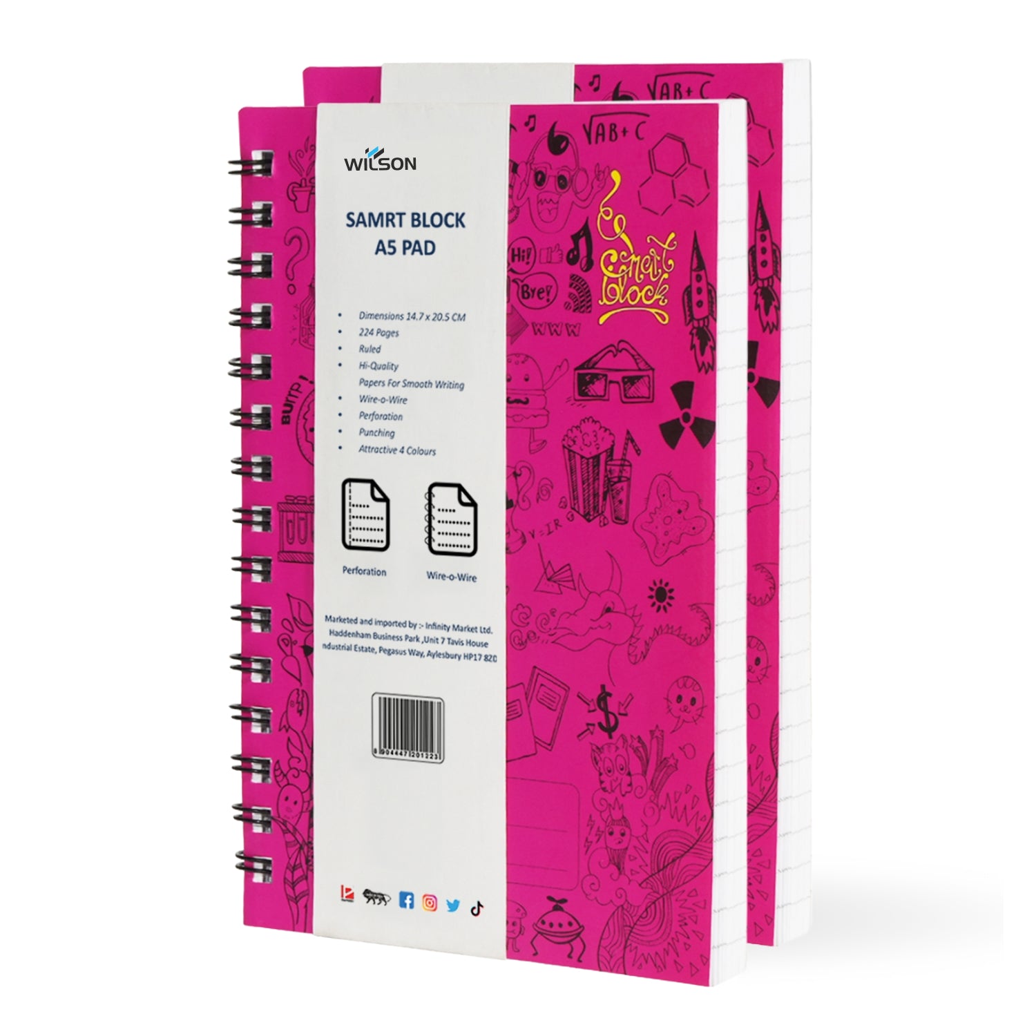 Smart Block Lined Spiral Journal Notebook, 224 Pages (Magenta)