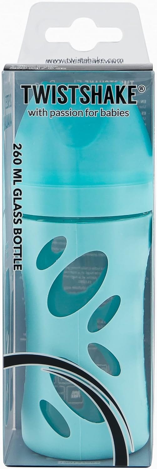 Twistshake Anti Colic Glass Baby Bottle, Infant Feeding Bottle, BPA Free, 260 ml, 2+ Months, Pastel Blue - Infinity Market